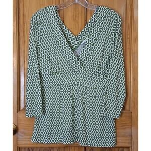 Banana Republic Shirt Women's Medium Green Cream 100% Lyocell Retro Mod Diamond